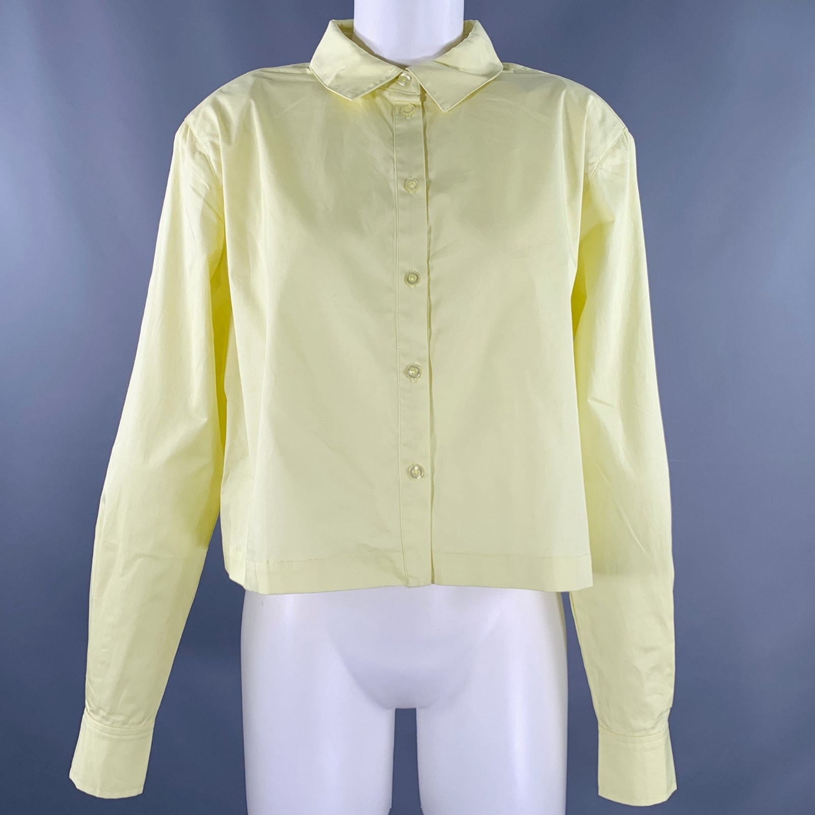 L'academie Size S Yellow Cotton Padded Shoulders Button Up Dress Top